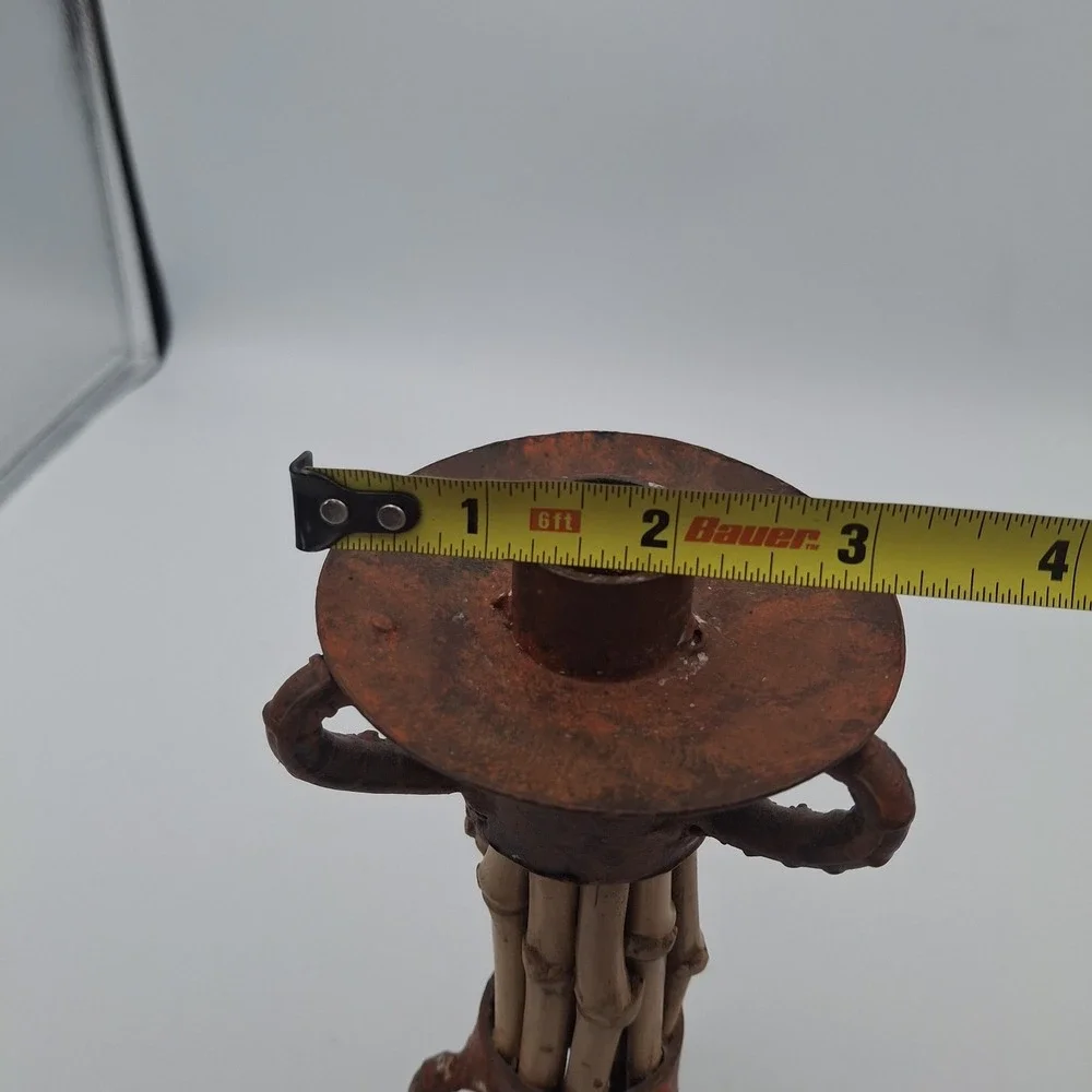 Rustic Metal Candleholder Bamboo Contrast Accent Three Legged Patina Rugged 7 In